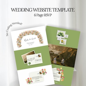 Peut inclure: Un modèle de site web de mariage avec une conception RSVP de 6 pages. La conception présente des arrangements floraux, des photographies et du texte. Le texte comprend "Wedding Website Template", "6 Page RSVP", et "No Coding Needed!"