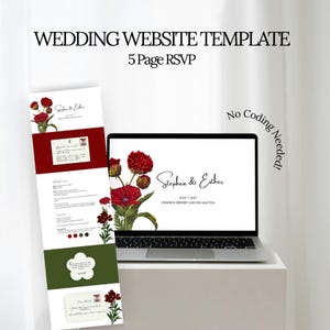 以下が含まれることがあります： ラップトップと印刷された結婚式のウェブサイトテンプレートが表示されています。テンプレートは赤い花のアクセントと「Stephen & Esther」の名前が特徴です。「WEDDING WEBSITE TEMPLATE」と「5 Page RSVP」のテキストが表示されます。ラップトップの画面には結婚式の招待状のデザインが表示されています。