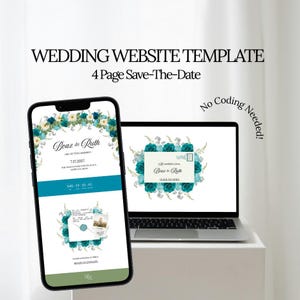 ティール色のSave the Dateウェブサイト：Canvaデジタル招待状テンプレート（デジタルダウンロード）