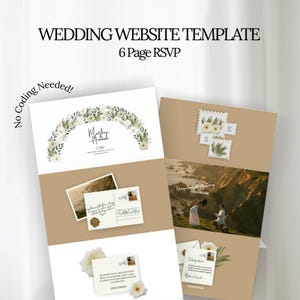 以下が含まれることがあります： 6ページのRSVPデザインのウェディングウェブサイトテンプレート。デザインは、花のアーチ、結婚式の写真、招待状の詳細が特徴です。テキストには「ウェディングウェブサイトテンプレート」、「6ページRSVP」、および「コーディングは不要！」が含まれています。