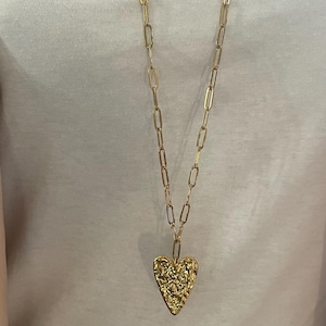 Collier Sautoir Coeur Doré Martelé Acier Inoxydable