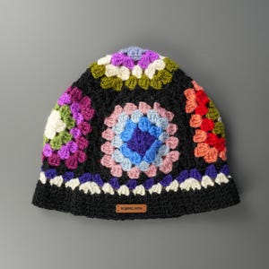 Handmade Granny Square Wool Beanie - Colorful Motif Crochet Hat on Black Base - Soft, Cozy, Hand-Knit Boho Winter Beanie - The Wool Cosmos
