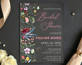 Acrylic Wildflower Bridal Shower Invitation, Floral Wedding Invite, Pink Floral Design
