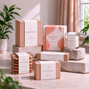Könnte beinhalten: Eine Sammlung von Produktverpackungen, darunter eine Halo & Co. Schachtel, eine Blooming Leaf Schachtel und Kerze, eine durchsichtige Sunny Bakery Keksbox, eine Maison du Thé Schachtel und eine Atlas Studio Schachtel, angeordnet auf Steinblöcken.