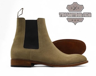 Men's Beige Suede Chelsea Boots, Handcrafted Leather Ankle Dress Shoes