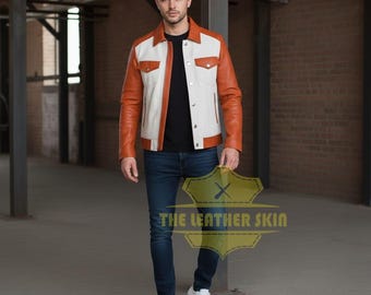 Chaqueta de camionero de cuero genuino para hombre, bicolor blanco y naranja / Estilo vintage