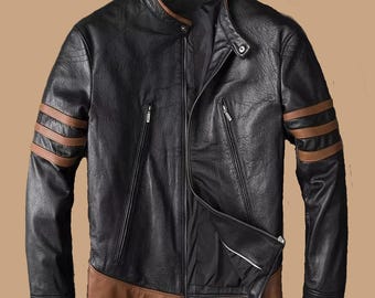 X Men Wolverine Striped Leather Jacket for Wolverine Logan fans Black