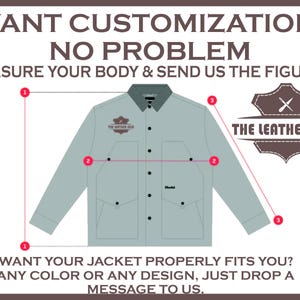 May include: An illustration of a light blue jacket with a dark green collar and pockets. The text reads "WANT CUSTOMISATION? NO PROBLEM MEASURE YOUR BODY & SEND US THE FIGURES" and "WANT YOUR JACKET PROPERLY FITS YOU? ANY COLOUR OR ANY DESIGN, JUST DROP A MESSAGE TO US."
