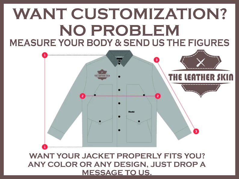 May include: An illustration of a light blue jacket with a dark green collar and pockets. The text reads "WANT CUSTOMISATION? NO PROBLEM MEASURE YOUR BODY & SEND US THE FIGURES" and "WANT YOUR JACKET PROPERLY FITS YOU? ANY COLOUR OR ANY DESIGN, JUST DROP A MESSAGE TO US."
