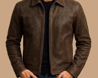 Chaqueta de motociclista de cuero genuino para hombre, estilo vintage, auténtica motociclista estilo café racer, color marrón desgastado, hecha a mano.