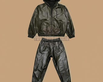 Conjunto de chándal con capucha y joggers de piel de cordero 100 % negra auténtica para hombre, chándal para correr y motociclista