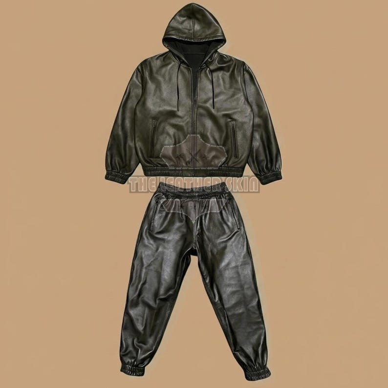 May include: A black leather two-piece outfit, comprising a hooded zip-up jacket and matching sweatpants. The jacket features a front pocket and ribbed cuffs and hem. The sweatpants have an elasticated waistband and cuffs. The text "THE LEATHER SKIN" is visible.