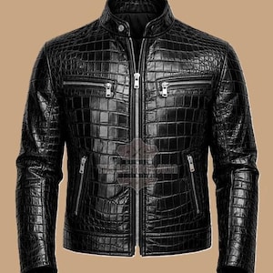 Chaqueta de motociclista para hombre de cuero negro con relieve de cocodrilo – Prenda de abrigo de moto de corte ajustado
