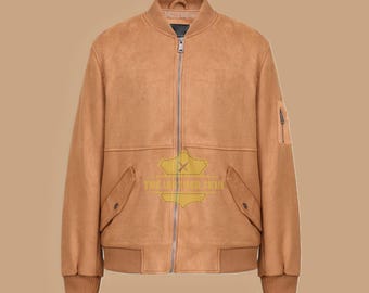 Chaqueta bomber de imitación de ante color tostado, estilo aviador para hombre.