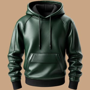 Puede incluir: Una sudadera con capucha de cuero verde oscuro con forro de capucha negro y cordones. La sudadera con capucha presenta un bolsillo de canguro y puños y dobladillo de canalé negros. El material tiene un aspecto texturizado.