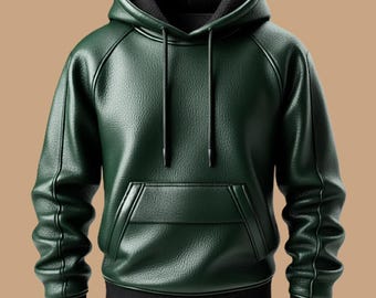 Sudadera con capucha de cuero verde para hombre, chaqueta urbana de piel de oveja auténtica hecha a mano.