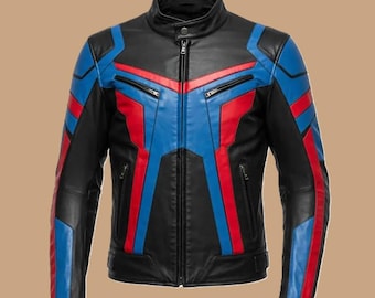 Chaqueta de cuero estilo motero para hombre inspirada en Nightwing – Azul con detalles rojos, corte ajustado.