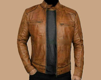 Chaqueta de cuero marrón estilo Cafe Racer para hombre / Chaqueta de moto desgastada / Hecha a mano
