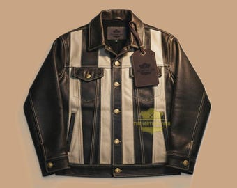 Chaqueta de camionero de cuero genuino para hombre, bicolor blanco y negro / Estilo vintage