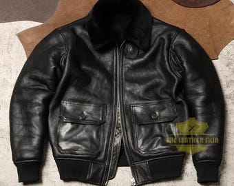 Chaqueta bomber de cuero genuino para hombre: chaqueta de piel estilo retro de la Fuerza Aérea