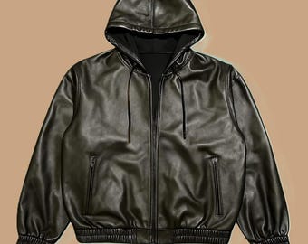 Sudadera con capucha de cuero negro para hombre, chaqueta urbana de piel de oveja auténtica hecha a mano.