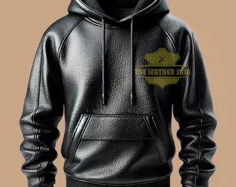 Sudadera con capucha de cuero negro para hombre, chaqueta urbana de piel de oveja auténtica hecha a mano.