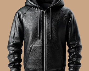 Sudadera con capucha de cuero negro para hombre, chaqueta urbana de piel de oveja auténtica hecha a mano.