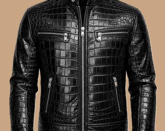 Men's Black Crocodile Embossed Leather Biker Jacket Coat