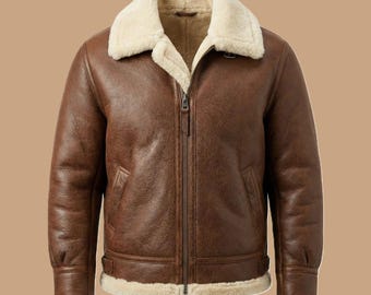 Chaqueta de aviador de cuero marrón desgastado estilo vintage, abrigo de aviador con forro de sherpa.