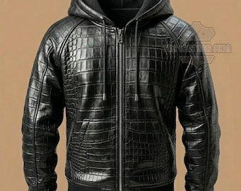 Sudadera con capucha de piel negra con estampado de cocodrilo para hombre, chaqueta urbana de piel de oveja auténtica hecha a mano.