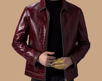 Chaqueta motera de piel con efecto cocodrilo burdeos para hombre