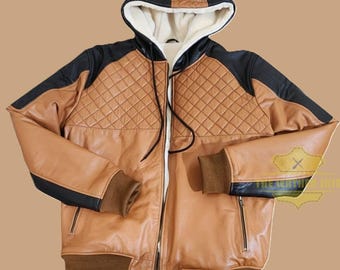 Sudadera con capucha de cuero para hombre, hecha a mano, de auténtica piel de oveja, estilo urbano, chaqueta con capucha, abrigo de piel de estilo vintage.