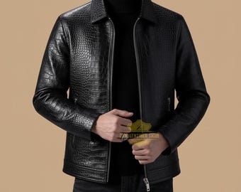 Chaqueta de motociclista para hombre de cuero negro con relieve de cocodrilo.