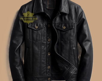 Chaqueta de camionero de cuero genuino negro para hombre / Estilo vintage