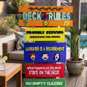 Colorful Hanging "Deck Rules" Sign – 3D Printed Patio, Porch, or Outdoor Bar Décor