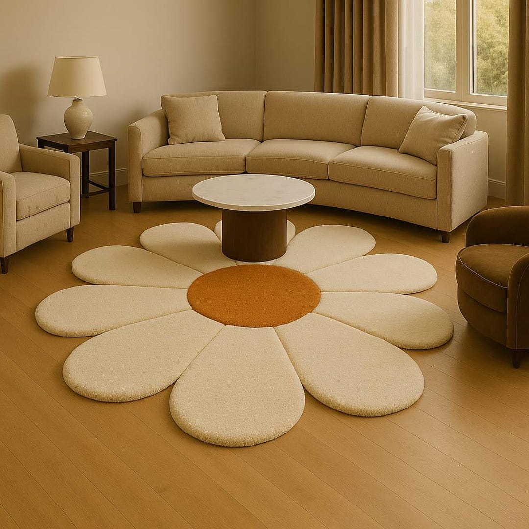 Daisy Shape Rug Hand Tufted Wool Rug Daisy Shape Neutral Flower Rug for Living Room ...