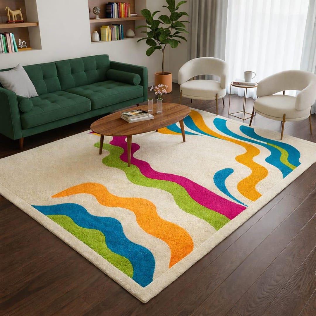 Colorful Rainbow Squiggle Carpet - Large Cream Plush Rug - Etsy