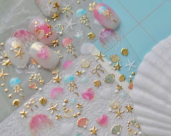 Gold Silver Ocean Crystal Nail Stickers Nail Decals, Beach Nails, Seashell Starfish Jellyfish Nail Designs, Pearl Nail Art, Pink Blue Nails