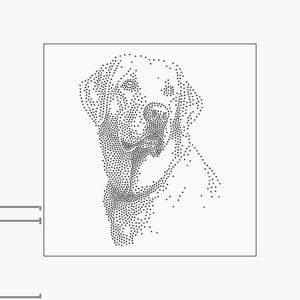 Pode incluir: Ilustração detalhada em matriz de pontos da cabeça e ombros de um Labrador Retriever. A imagem é composta por inúmeros pontos pequenos, criando um efeito de escala de cinza. As características do cão são claramente definidas, com foco nos olhos e no nariz. A imagem é emoldurada.