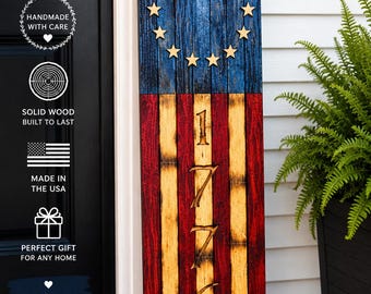 Cuadro rústico americano de 1776 para porche / Betsy Ross / Arte mural patriótico grabado a mano / Casa de campo