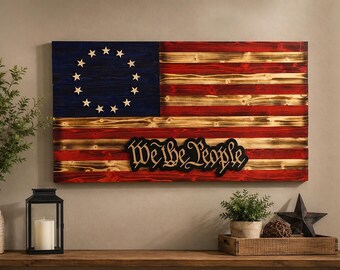 Bandera estadounidense de madera de Betsy Ross / "Nosotros el pueblo" 1776 Arte mural patriótico