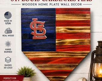 Bandera de madera con el logo del plato de los St. Louis Cardinals – Decoración rústica de pared de béisbol grabada a mano