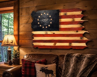 Bandera de madera retroiluminada de Betsy Ross desgastada / Decoración rústica de pared americana de 1776
