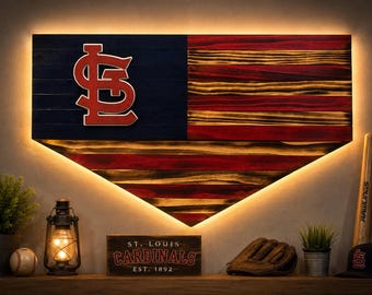 Bandera del plato de home de los St. Louis Cardinals: decoración rústica de béisbol para pared con opción de LED.