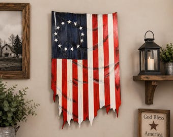 Bandera estadounidense de madera de Betsy Ross / Arte mural patriótico de 1776, decoración rústica de granja