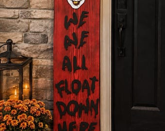 Letrero de Halloween de Pennywise / Letrero "Todos flotamos aquí abajo" / Decoración de terror de madera 3D para el porche / Letrero de Halloween aterrador / Decoración de payaso