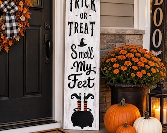Letrero decorativo de Halloween hecho a mano para el porche / Decoración de bruja "Huele mis pies" (48x11.50)