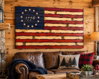 Bandera americana rústica de madera de Betsy Ross / Decoración de pared patriótica de madera quemada, estilo cabaña de campo