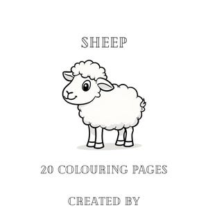 May include: A white cartoon sheep with black outlines stands on a white background. The word "SHEEP" is above the sheep, and the text "20 COLOURING PAGES" and "CREATED BY CANDACE MARTIN" are below it. This is a coloring book.