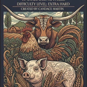 May include: A coloring book cover with the text "FARM ANIMALS" and "10 COLOURING PAGES". The image features a rooster, a longhorn, and a pig, surrounded by corn and wheat. The difficulty level is "EXTRA HARD".